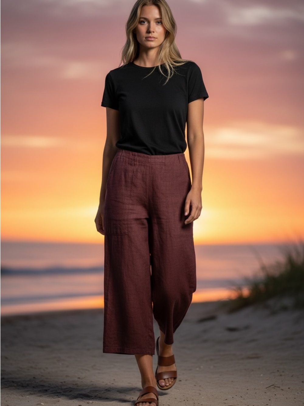 South Street Linen  Pants Crop Wide Leg  Size Large Lagenlook